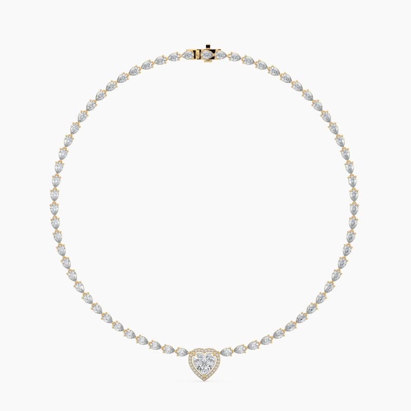 14K Gold Lab Grown Diamond Pear Cut Diamond Tennis Necklace & Halo Heart Pendant - Yellow