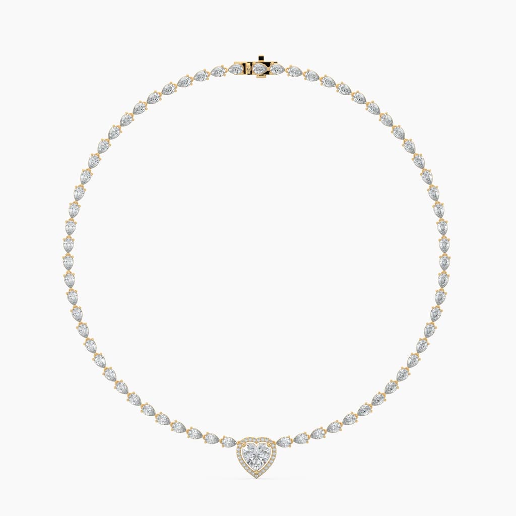 14K Gold Lab Grown Diamond Pear Cut Diamond Tennis Necklace & Halo Heart Pendant
