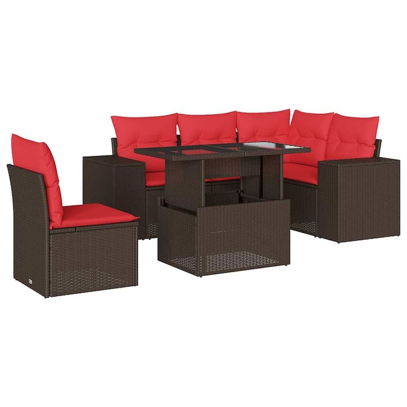 vidaXL Patio Sofa Set with Cushions Table and Couches 6 Piece Poly Rattan - 24.4" x 24.4" x 27.2"