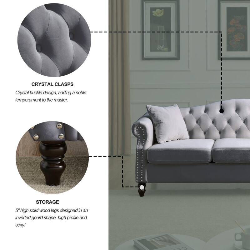 Chesterfield Sofa Velvet for Living Room, 3 Seater Sofa Tufted Couch with Rolled Arms and Nailhead, two pillows 