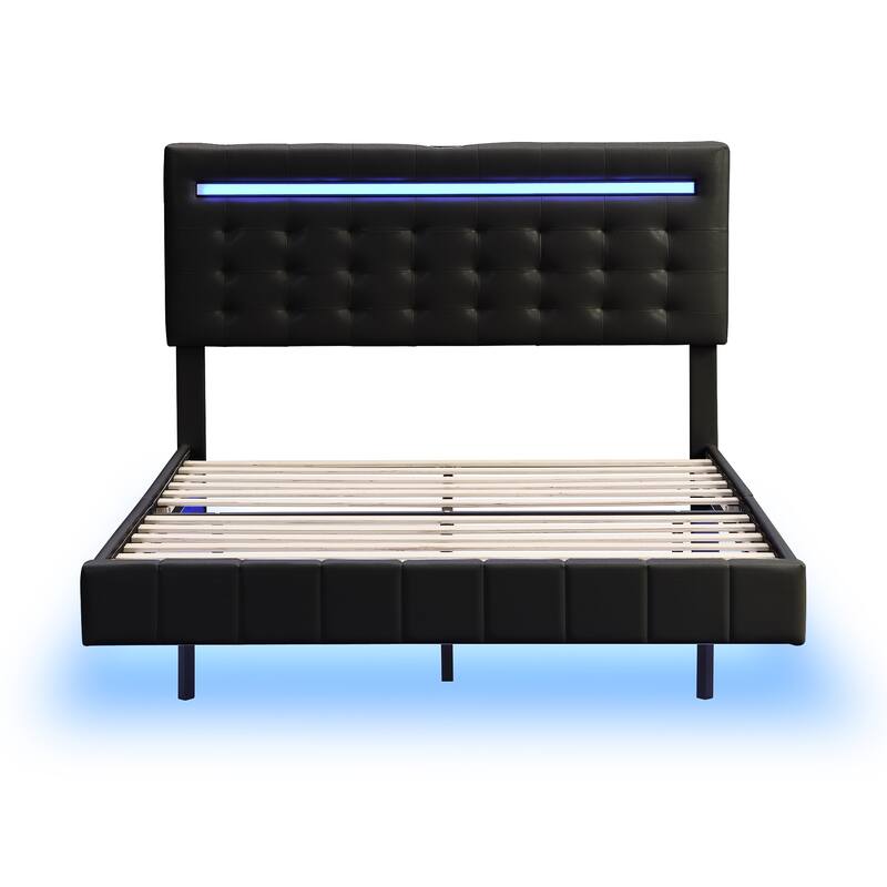 Floating Bed Frame with LED Lights and USB Charging Modern Upholstered Platform LED Bed Frame