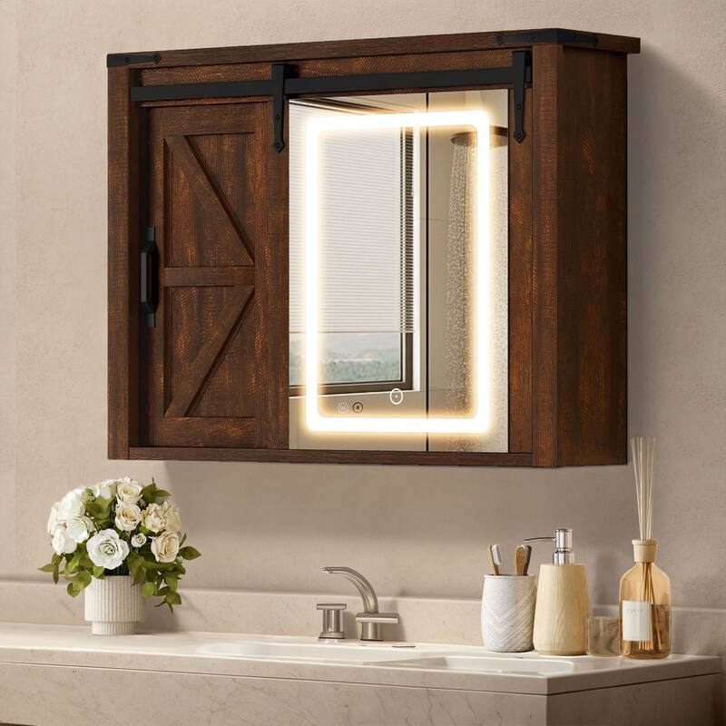 Moasis Bathroom Medicine Cabinet Wall Mounted Storage Organizer with Mirror and Sliding Barn Door