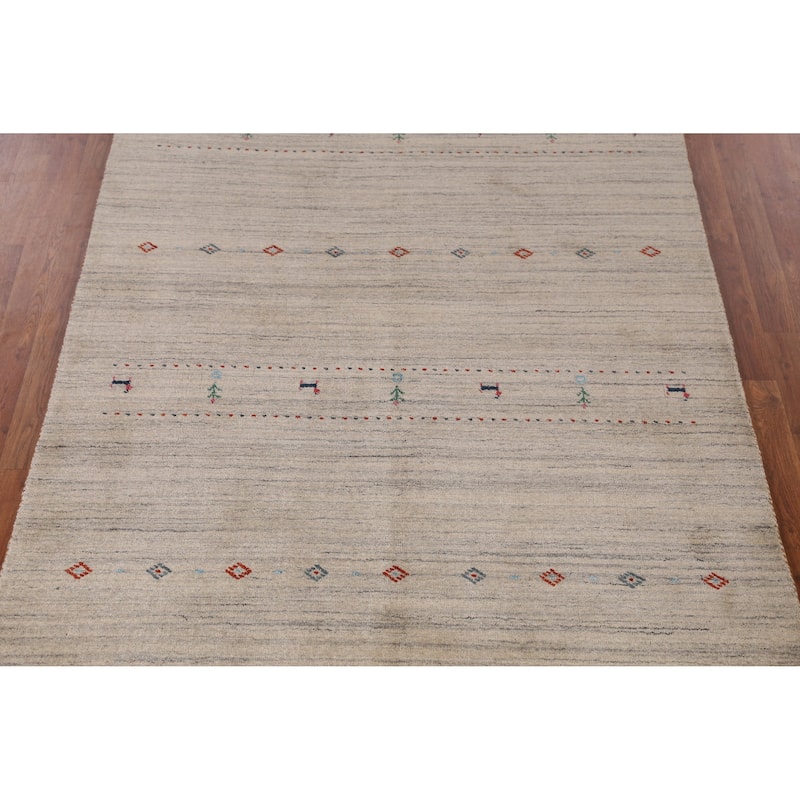 Hand Knotted Oriental 100% Wool Carpet Tribal Animal Pictorial Beige & Ivories Gabbeh Area Rug - 7' 9'' X 5' 0''