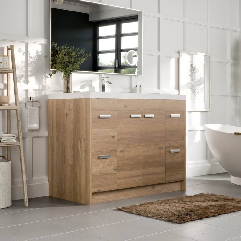 Eviva Lugano 42"W Natural Oak Modern Bath Vanity with WH Acrylic Top