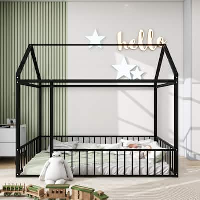 House Bed Metal Montessori Floor Bed for Kids, Metal House Bed Frame with Fence & Roof, Kids Playhouse Beds for Girls Boys Teens