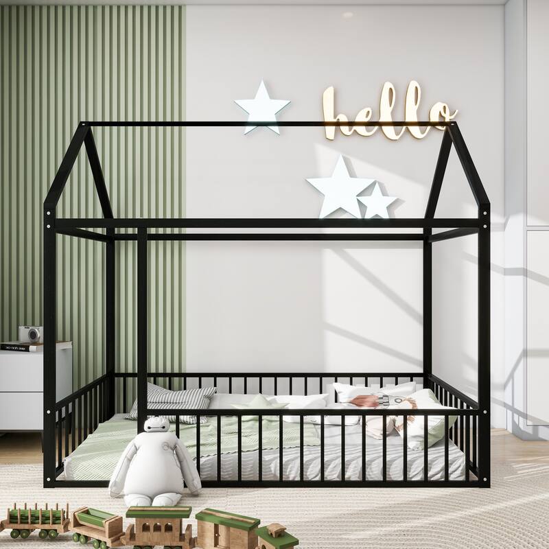 Kids' Twin/Full Metal House Bed Frame with Roof and Fence, Playful Sleep and Play Space, Sturdy Frame, Multiple Colors - Black - Twin