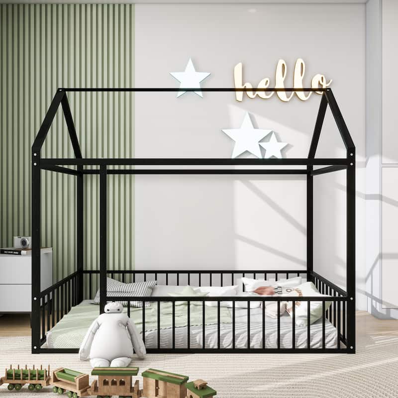 Twin Size Metal House Bed Frame with Fence and Roof for Kids, Teens, Girls, Boys - Twin - Black