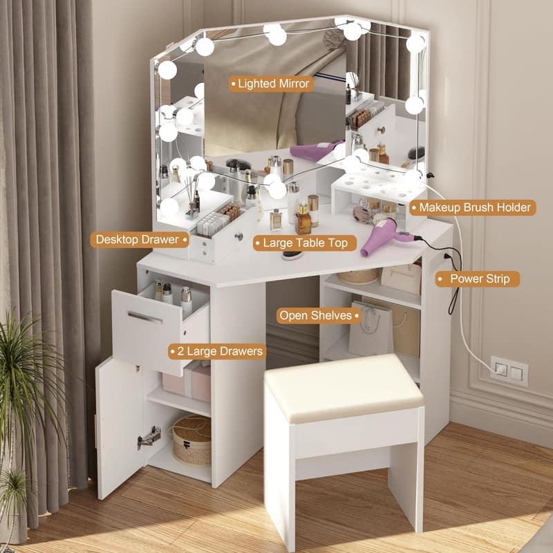 White Corner Vanity Table with LED Mirror, Drawers, Stool, Power Outlet