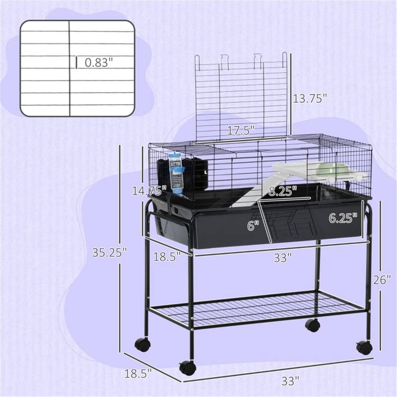 Small Animal Cage with Wheels, Storage Shelf and Removable Stand - 33" L x 18.5" W x 35.25" H