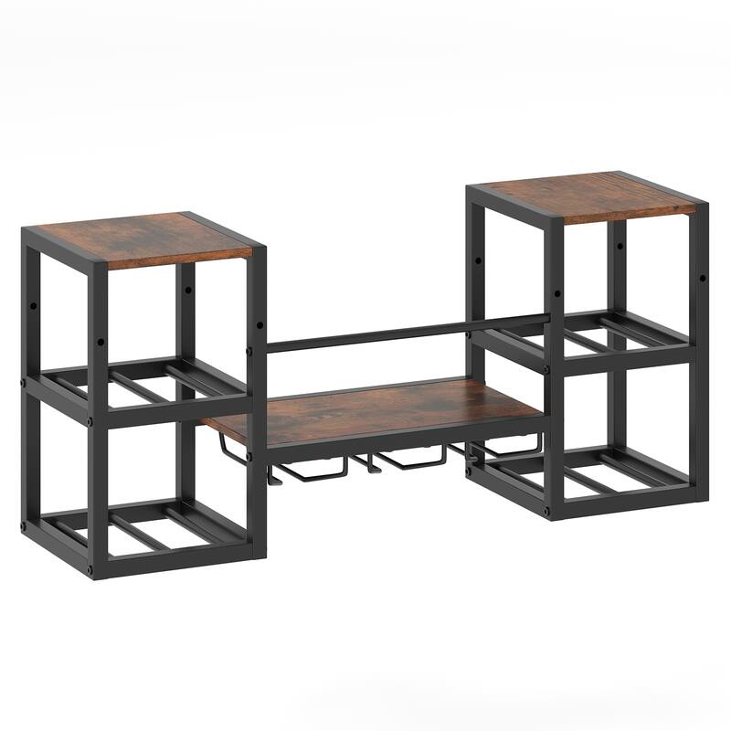 Rustic Brown Wood Wall Wine Rack with Glass Holders and Metal Frame - 35" L x 10" W x 16" H - Rustic Brown