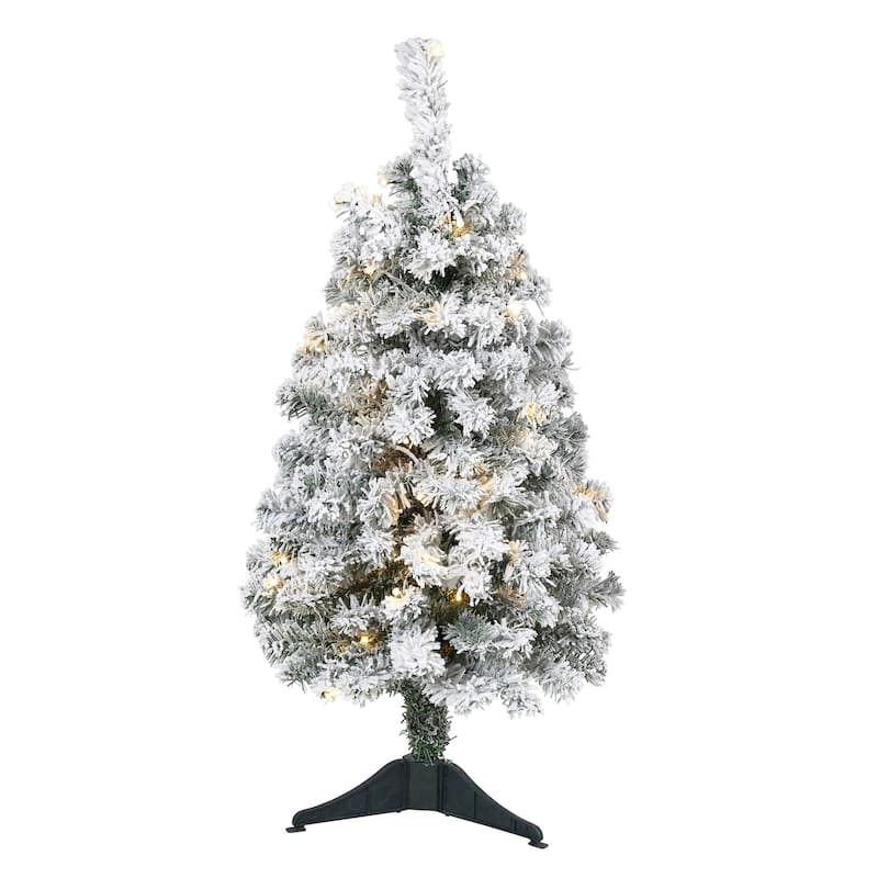 3' Pre-Lit Rock Spruce Flocked Artificial Christmas Tree, Clear LED Lights - 3 Foot