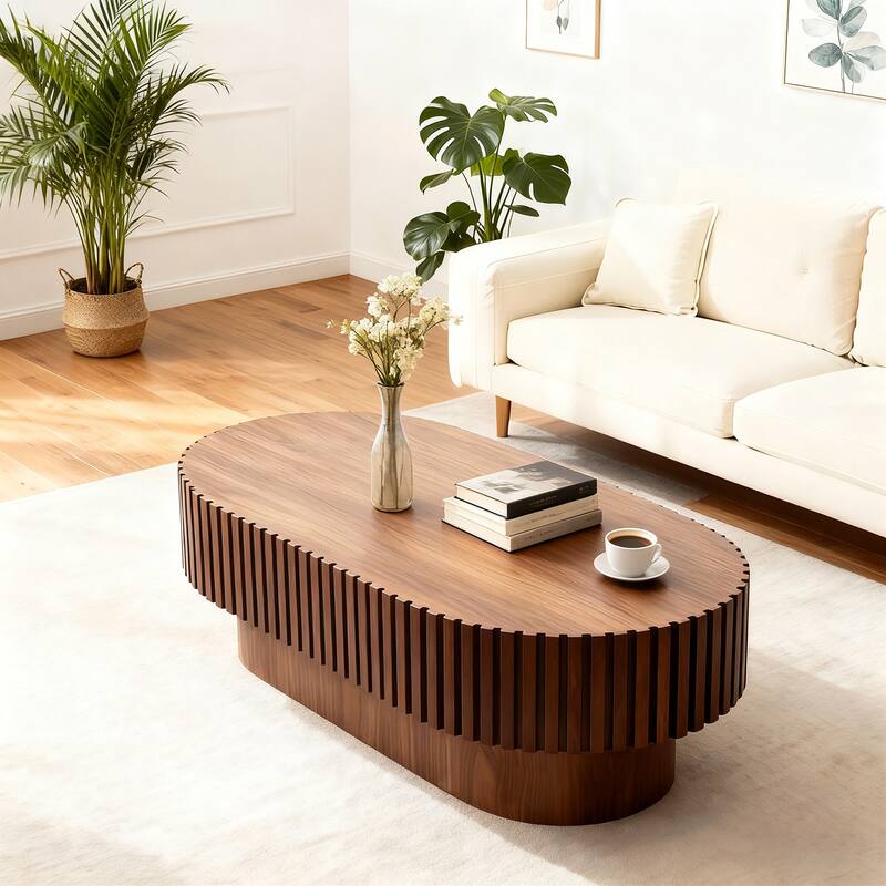 Oval Coffee Table for Living Room, Mid Century Modern Wooden Table with Pedestal, Unique Drum Tea Table Side Center Table