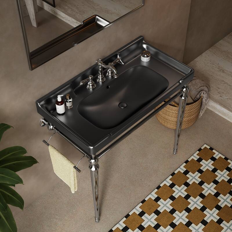 36" Wall-Mounted Console Sink: White Ceramic Basin with Stainless Steel Legs & Towel Bar (No Faucet)