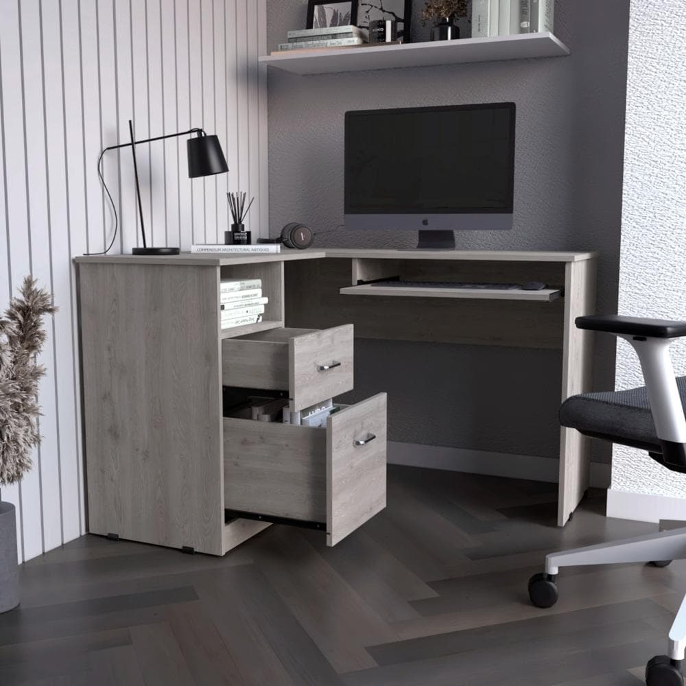 L-Shaped Desk, Keyboard Tray, Two Drawers, One Open Shelf, Light Gray