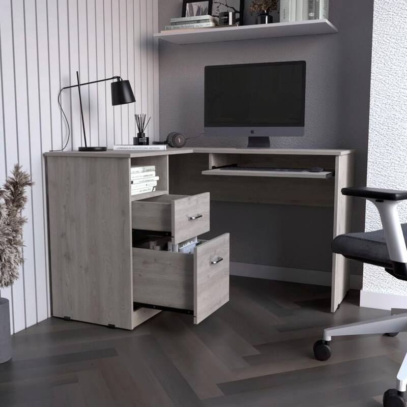 Modern L-Shaped Desk with Keyboard Tray, Two Drawers, and Open Shelf for Corner or Wall Placement