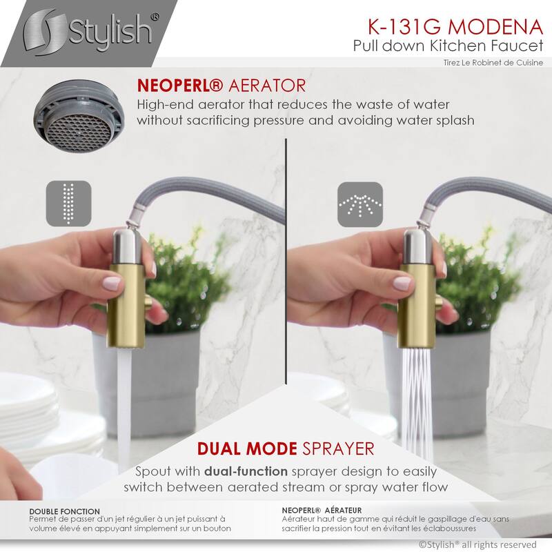 STYLISH Kitchen Sink Faucet Single Handle Pull Down Dual Mode in Stainless Steel - Faucet Height: 14 1/8" | Spout Height: 6 3/4"