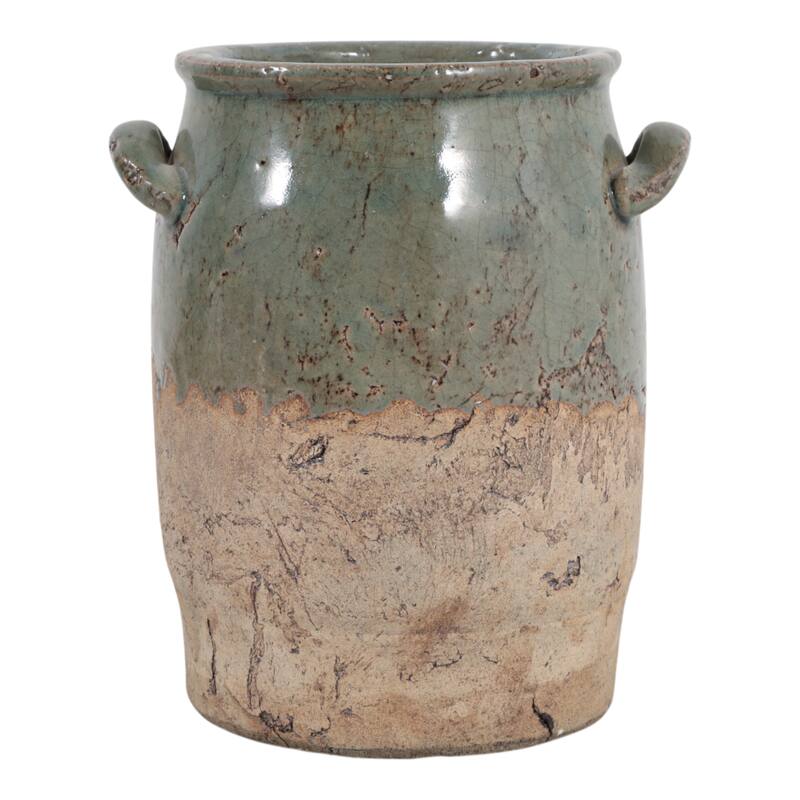 Ceramic Table Vase Rustic Handles Textured Artisan Decorative Accent - Green - 7" x 6" x 8"