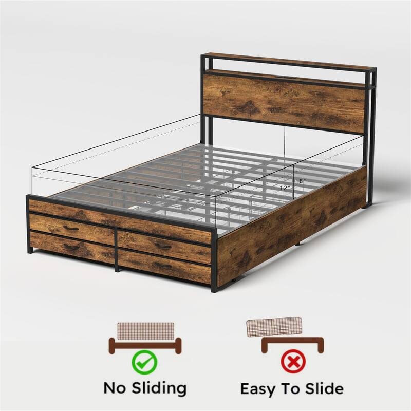Full/Queen Size Metal Bed Frame w/ Drawers,LED Headboard,Charging Station