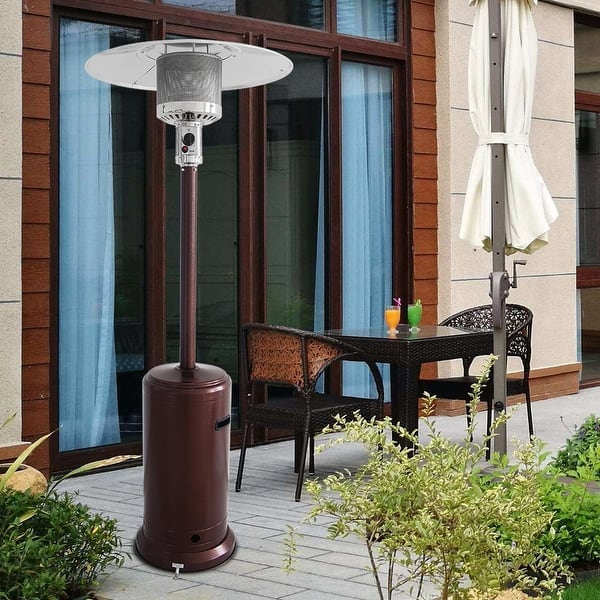 gas patio heater umbrella SUNHEAT Portable Propane with Drink Table, Golden Hammered The large four piece aluminum reflector projects 46 Hanover 48,000 BTU 26.6 sq.
