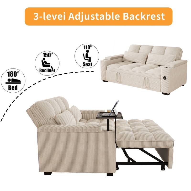 65'' Chenille 3-in-1 Folding Sectional Sofa with 360-Degree Swivel Side Table