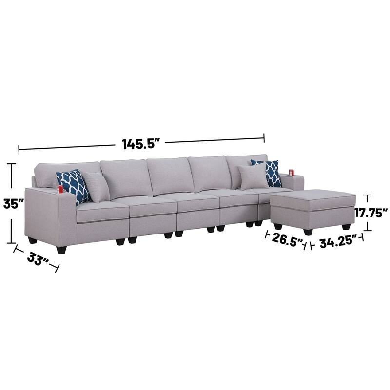 Linen Upholstered 5-Seater Sofa with Ottoman in Light Gray