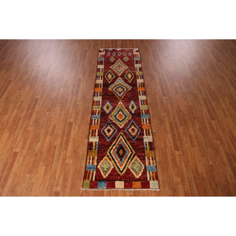 Geometric Red Moroccan Oriental Runner Rug Handmade Wool Carpet - 2'11" x 9'9"