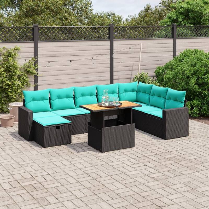 vidaXL Patio Sofa Set with Cushions Outdoor Furniture 9 Piece Poly Rattan - 24.4 x 24.4 x 27.2 - Black