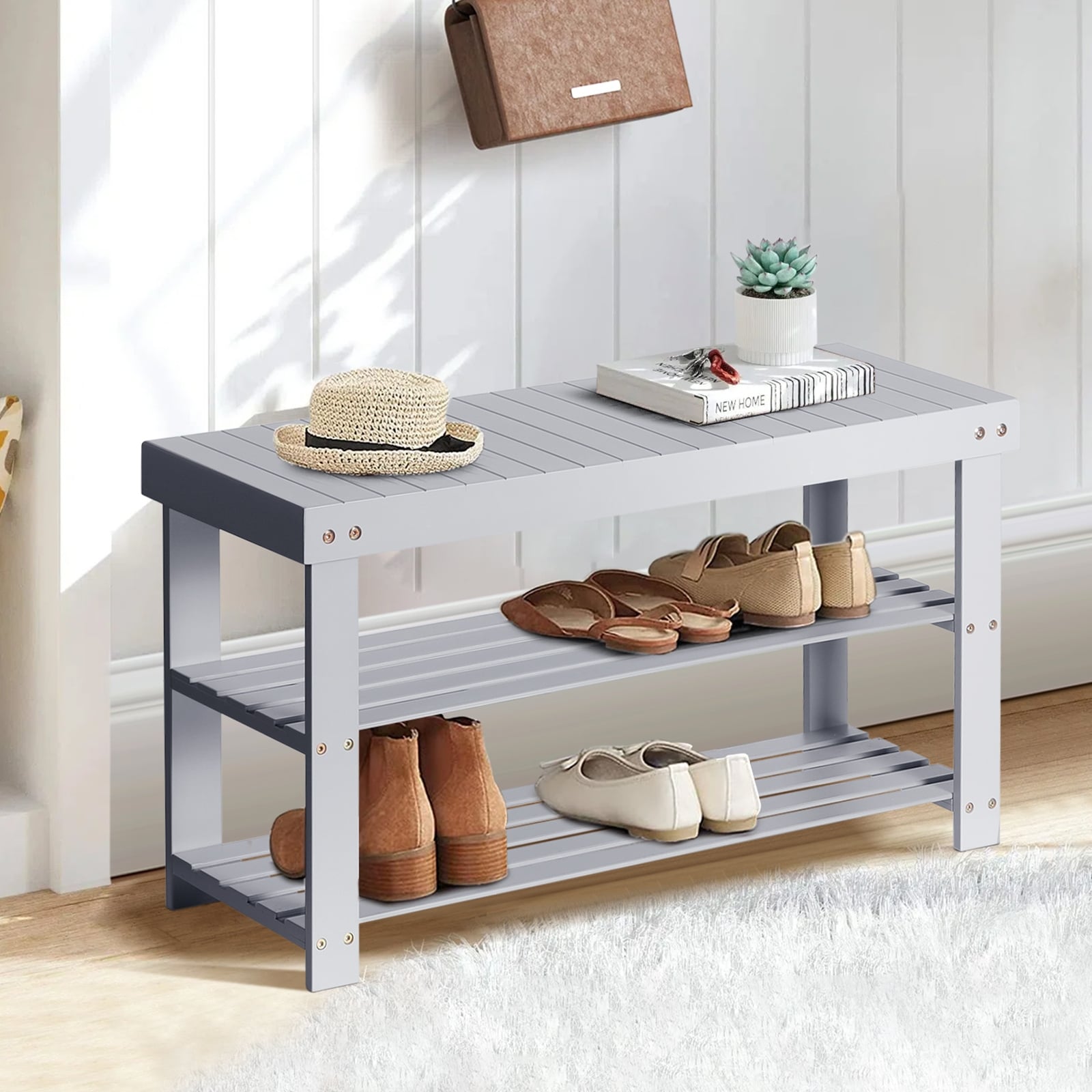 2 Tier 8 Pair Bamboo Entryway Shoe Storage Bench
