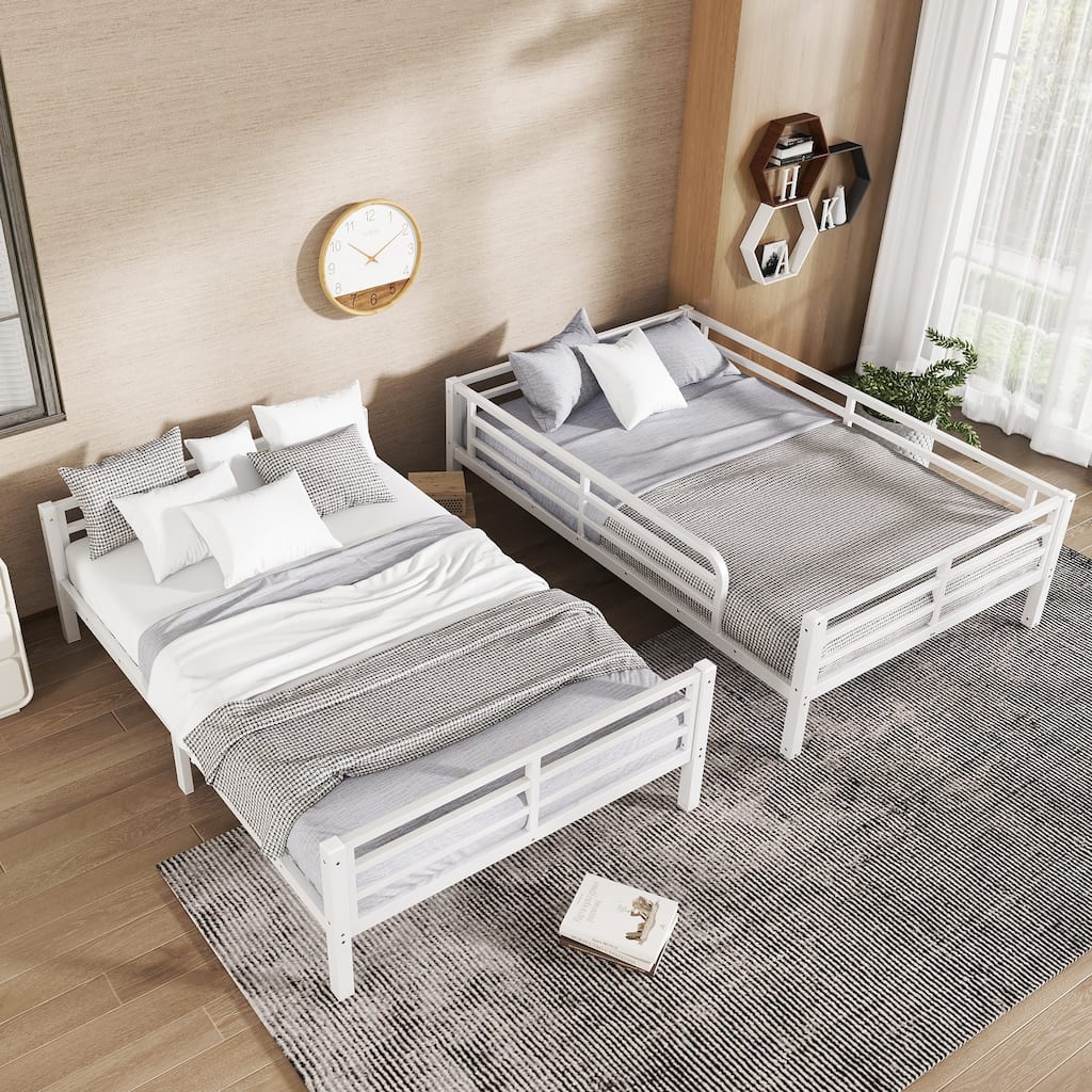Modern Industrial Full XL over Full XL Thicker Steel Frame Bunk Bed with Guardrails and Storage, Anti-Noise Design