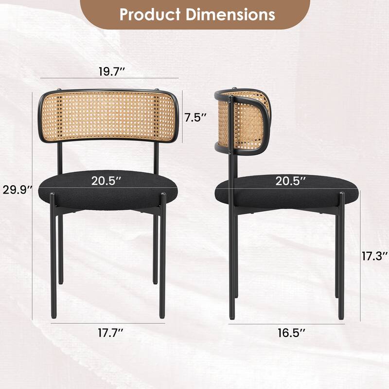 Set of 2 Upholstered Dining Chairs with Rattan Back and Metal Legs