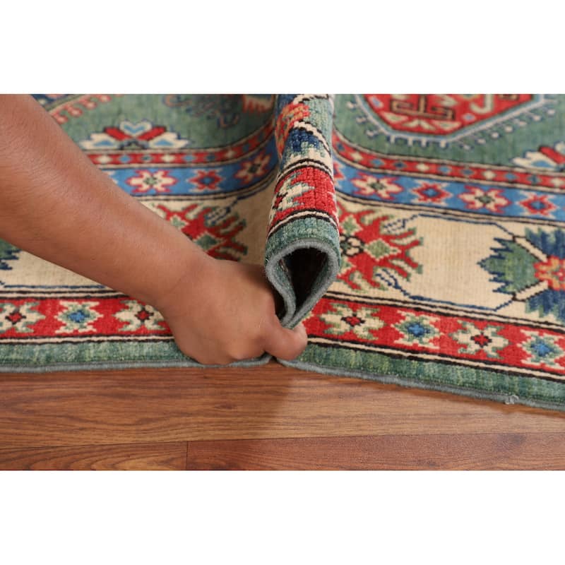 Kazak Oriental Area Rug Handmade Green Geometric Wool Carpet - 5'1" x 7'3"