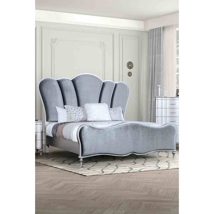 1PC Glam Silver Finish Designer Upholstered Bed