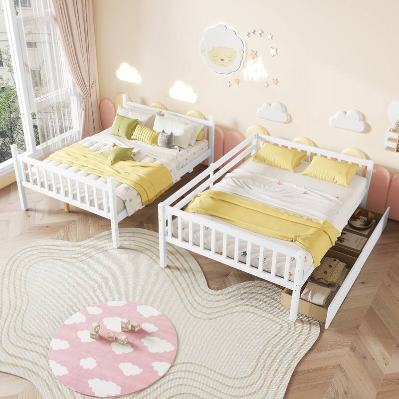 Convertible Full Over Full Rubber Wood Bunk Bed with 2 Drawers, Ladder, and Safety Guardrails, White