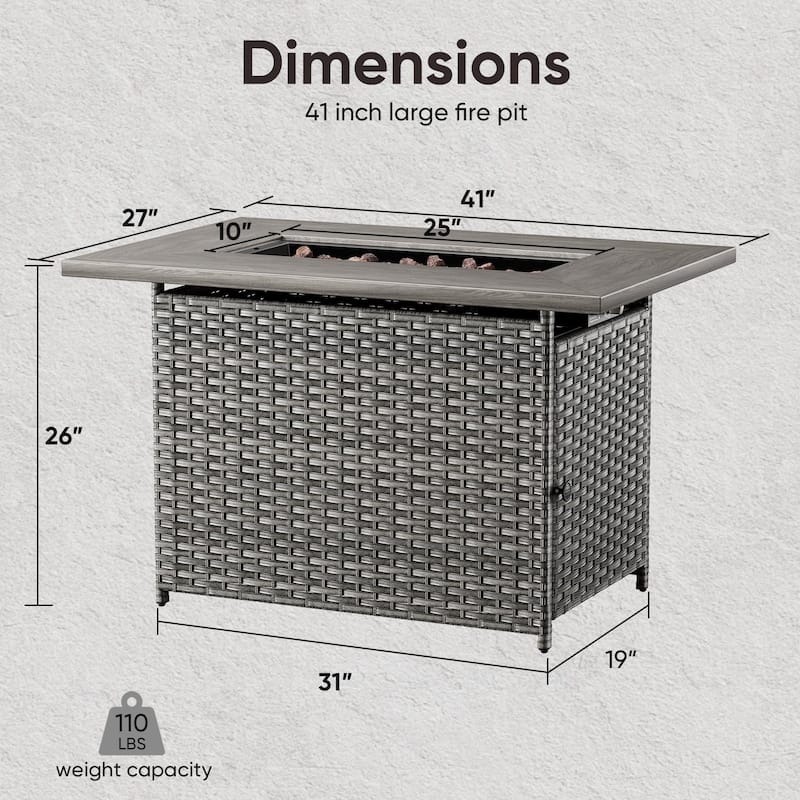 Outdoor Propane Fire Pit Table - 55000 BTU, Adjustable Flames - Rectangle