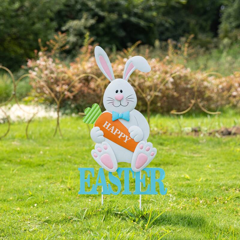 Glitzhome Easter Metal Bunny Yard Stake Wall Decors Standing Sign - Bunny Carrot