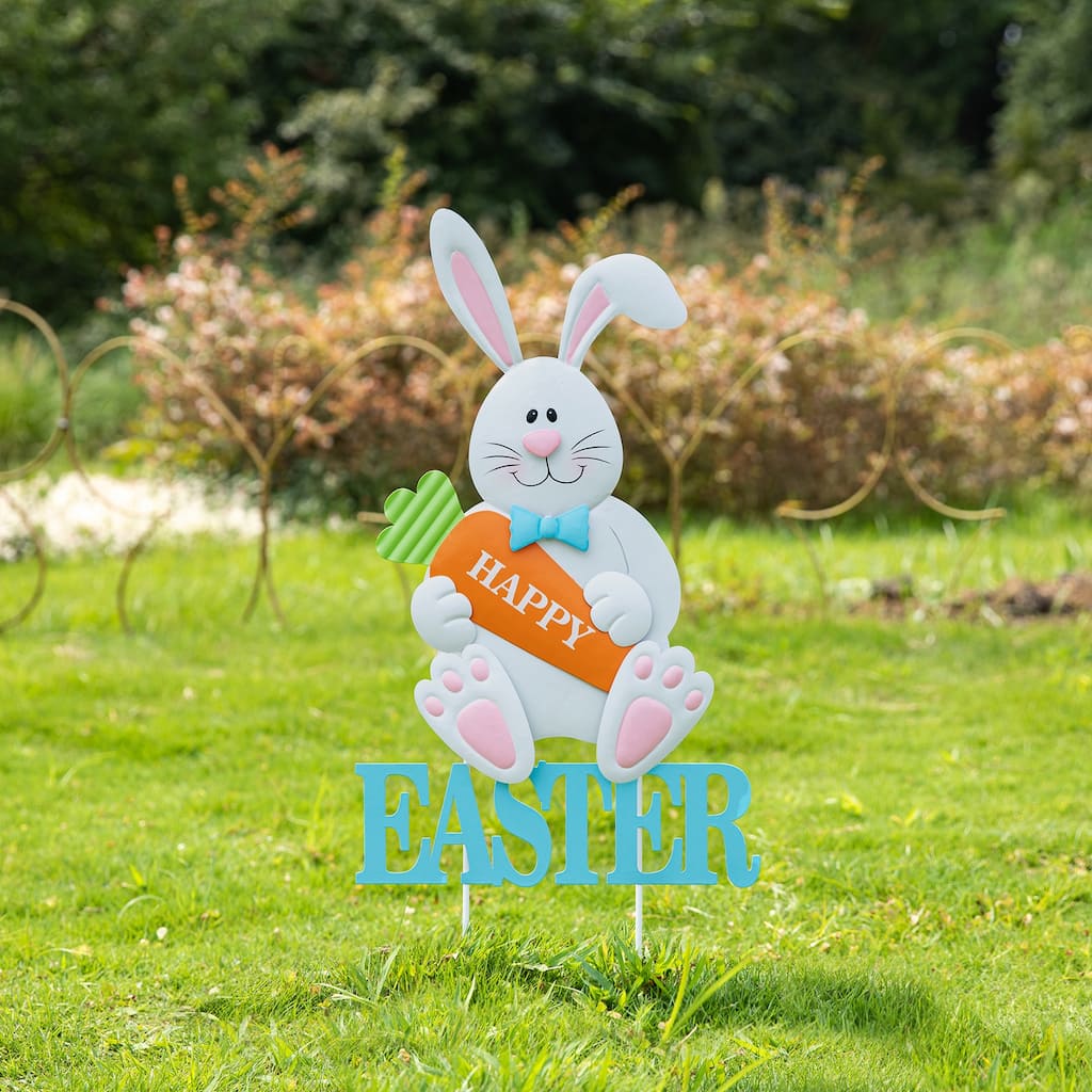 Glitzhome Easter Metal Bunny Yard Stake Wall Decors Standing Sign