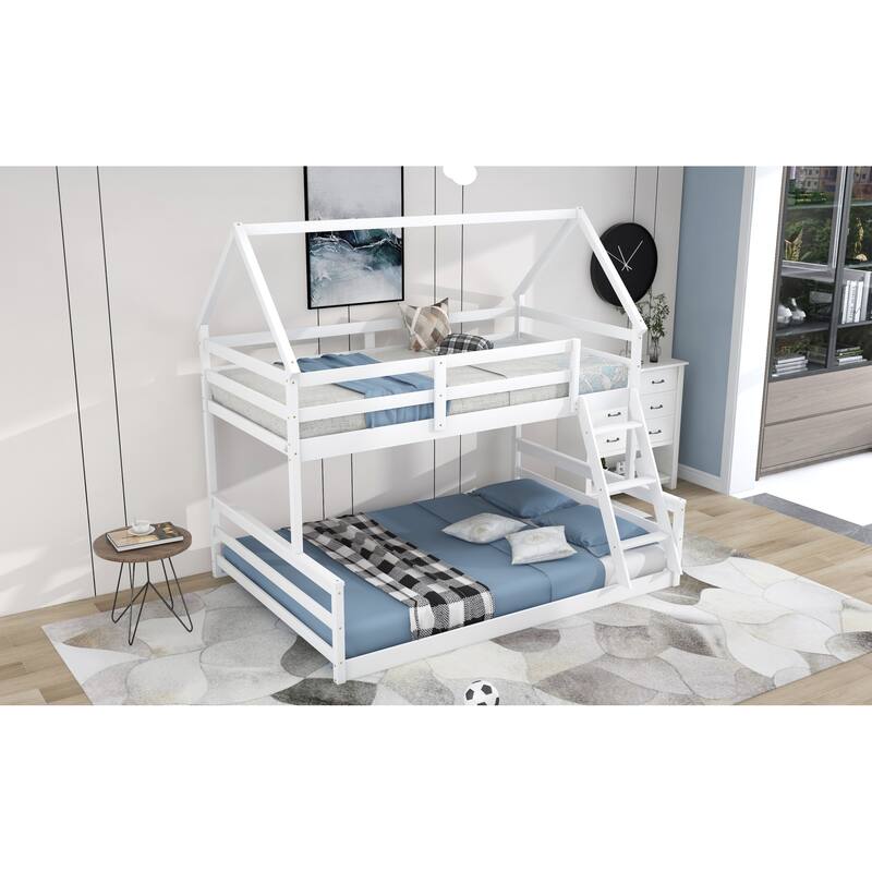 Roomfitters Twin Over Full House Bunk Bed with Built-In Ladder, Playhouse Roof