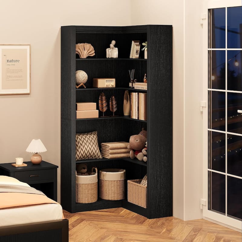 Industrial L Shaped Corner Bookshelf with Open Shelves - N/A