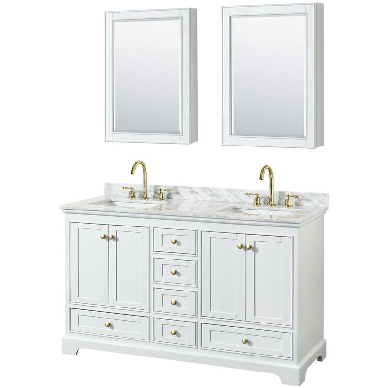 Wyndham Collection Deborah 60" Free Standing Double Vanity Set with - White / White Carrara Marble Top / Brushed Gold - Painted