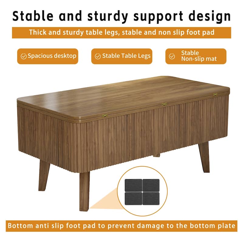 3-in-1 Lift Top Coffee Table Converts to Dining Table, Fluted Oval Wooden Storage Center Table