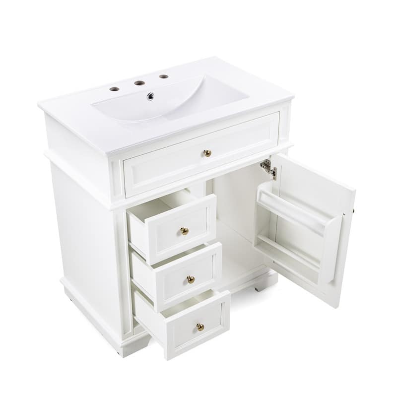 30" Bathroom Vanity with Ceramic Sink, Bathroom Vanity Cabinet with 3 Drawers, 1 Tip-out Drawer, Door Shelf & Soft Closing Door