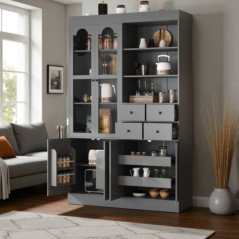 75" Freestanding Kitchen Pantry Buffet with Hutch, 4 Drawers, Glass Doors, Adjustable Shelves and Pull-Out Trays