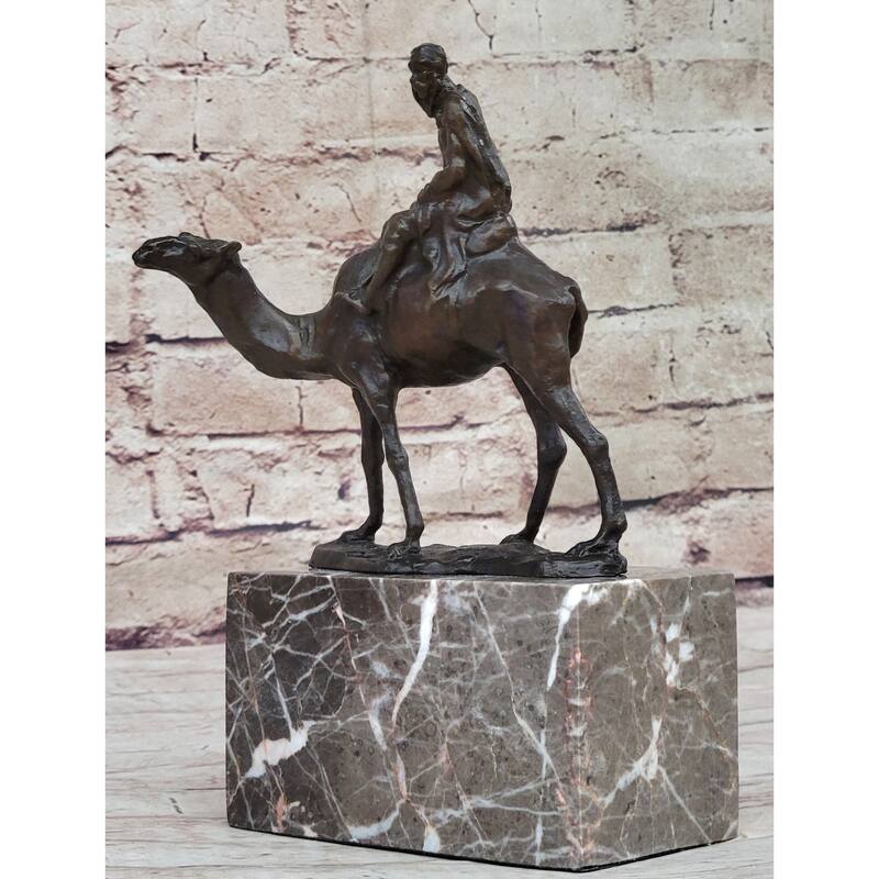 Arabian Man Riding Camel Desert Scene Decor Bronze Statue Sculpture Figure On Marble Base