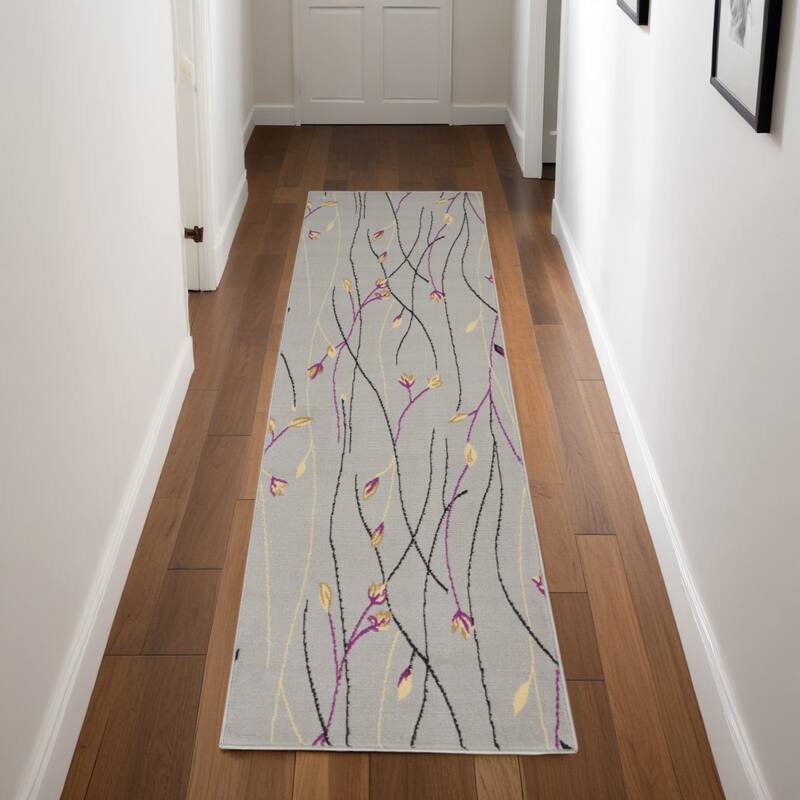 Luti Power Loomed Floral Traditional Area Rug By HomeRoots - 90' X '27' X '0.5 - 90' X '27' X '0.5 - Gray and Pink - Runner