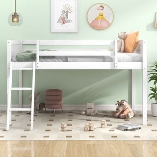 Wood Frame Guardrail Design Twin Size Low Loft Bed Ladder Kids Bed, White