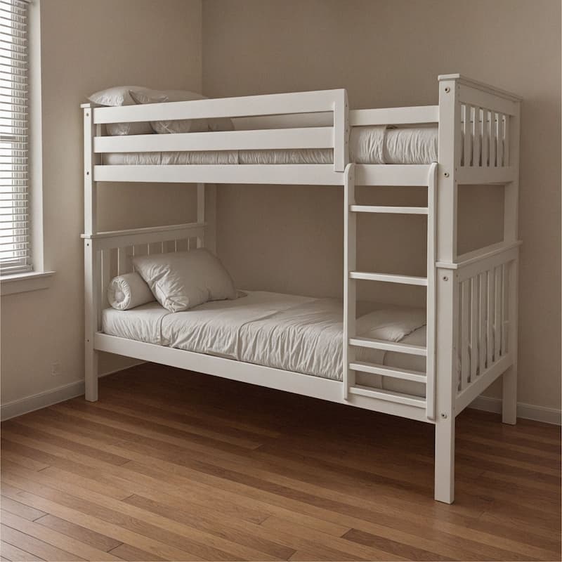 Now Furniture Solid Wood Twin Over Twin Bunk Bed with Straight Ladder - White