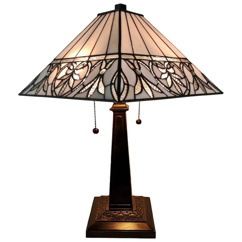 Tiffany Style Table Lamp Mission 22" Tall Stained Glass White Flower Night Stand Bedroom Handmade Amora Lighting