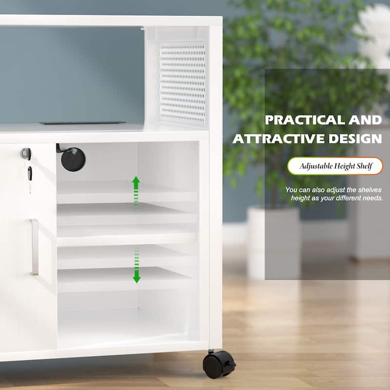 Rolling File Cabinet Lateral Office Filing Cabinets with Charging Station,Modern Printer Stand on Wheels