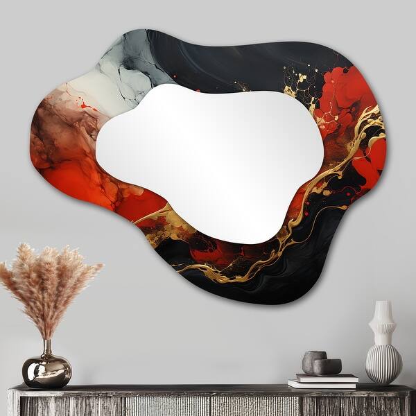 Red And Gold Marble Fire II - Irregular Abstract Painting Wall Mirror - Assymetrical Modern Unique Wall Mirror