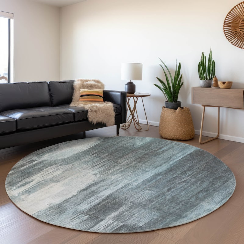 Premium Washable Super Soft Abstract Brushstrokes Mayfield Rug - Teal - 8' x 8' - Round